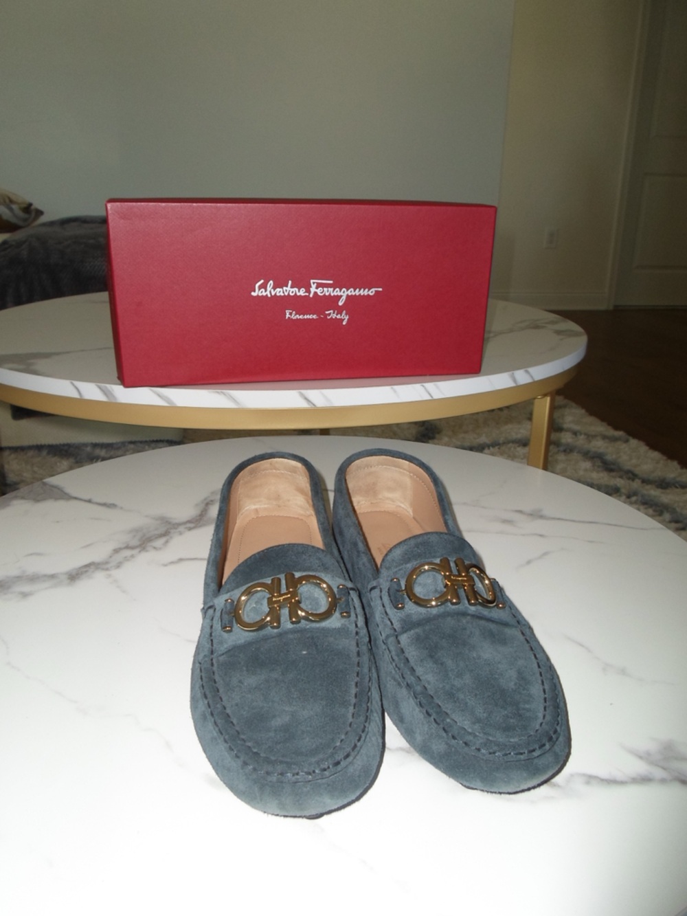 Salvatore Ferragamo Teal Suede Gancini Loafers with Gold Hardware